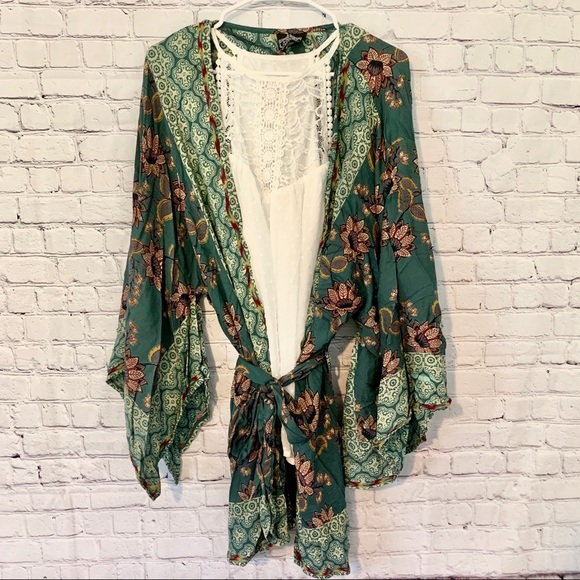 Angie Tops - Green and Turquoise Tie Kimono